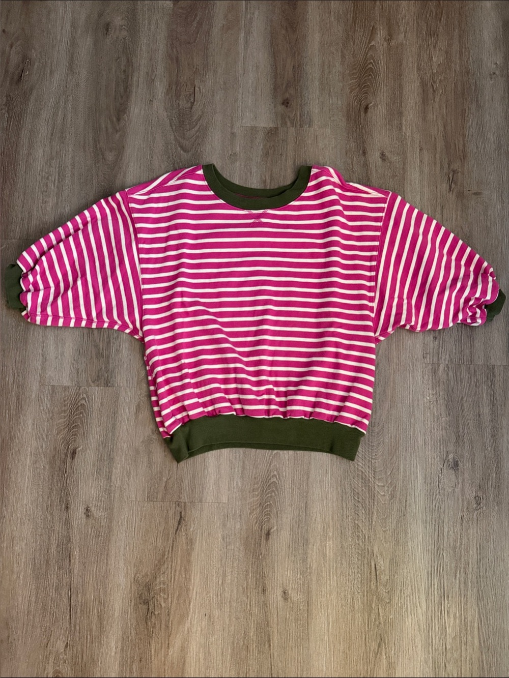 Pilcro Hot Pink and White Striped Sweatshirt with Olive Trim